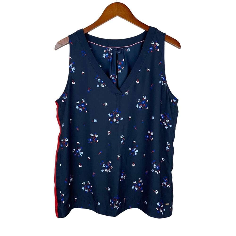 Tommy Hilfiger Tank Top Blue Floral Sleeveless Blouse Stripes Women's L